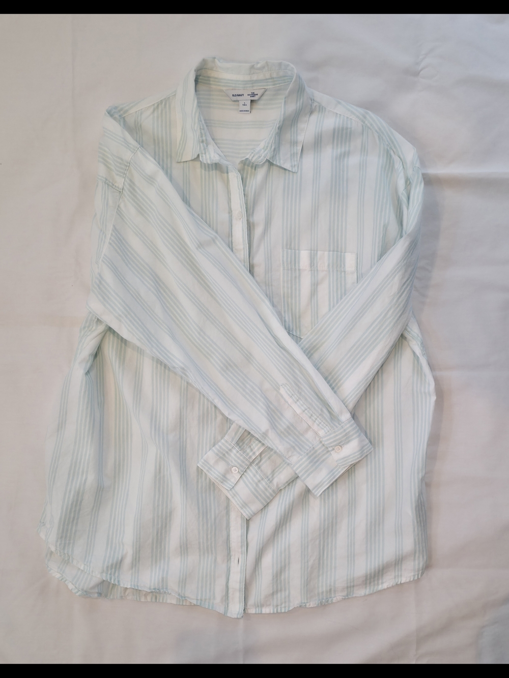 Old Navy Boyfriend Mint Green & White Striped Button-Up Shirt L Tall